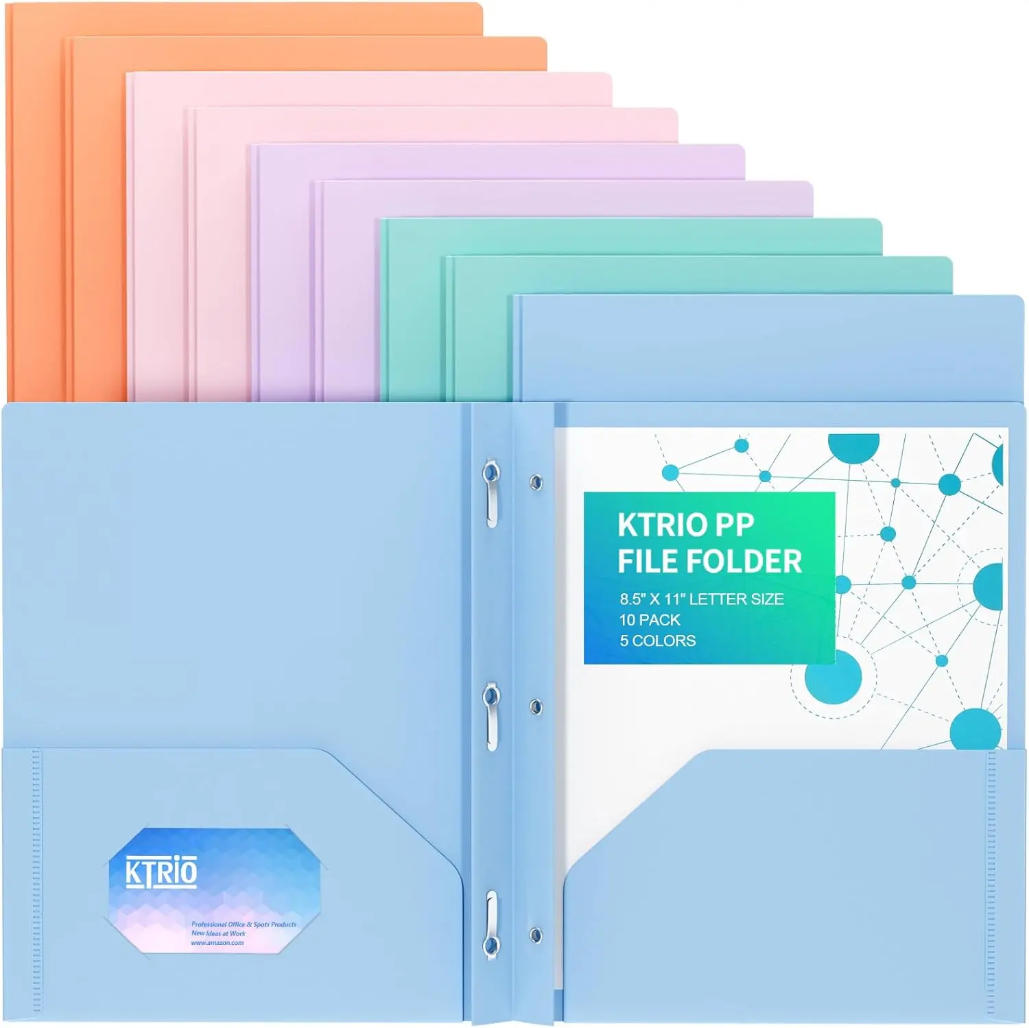 KTRIO Assorted Colored Heavy-Duty Polypropylene Pocket Folders, Letter Size (8.5x11"/9.4x11.5") with 3-Prong Fasteners, 2 Inner Pockets, Business Card Slot, 100+ Pages Capacity, Dust-Resistant, Easy to Clean for College School Supplies, Office Filing