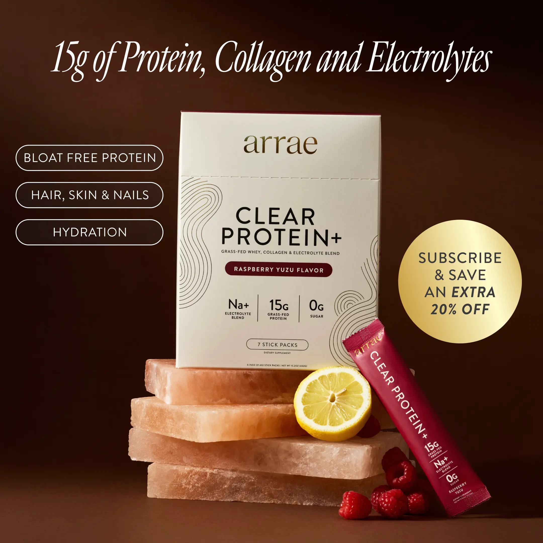 Arrae Clear Protein+ |  15g Grass Fed Whey, Collagen, & Electrolytes Protein | Rasberry Yuzu Flavor| 7 Stick Packs Edible Dietary Supplement Healthcare Fitness Muscle Optimum Fiber
