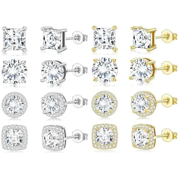 8 Pairs Cubic Zirconia Stud Earrings for Women Mens Earrings Hypoallergenic Square CZ Studs Set