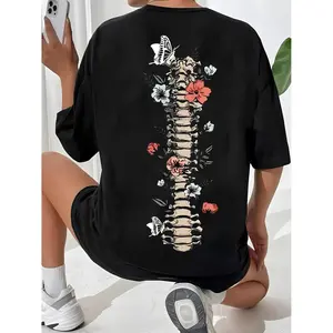 Stylish Women's Graphic Drop Shoulder TShirt Featuring Skeleton and Floral Prints Perfect for Chic Summer Outings and Vintage 2000s Inspired Looks
