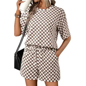 EncoLax Womens 2 Piece Outfits Casual Checkered Top and Short 2pcs Set Plaid Short Sleeve Round Neck Daily Sweatsuit