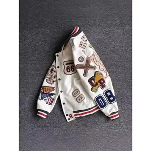 Unisex Heavy Embroidery Leather Baseball Jacket, High-End Loose-Fit Casual Outerwear for Women's Clothing Collections