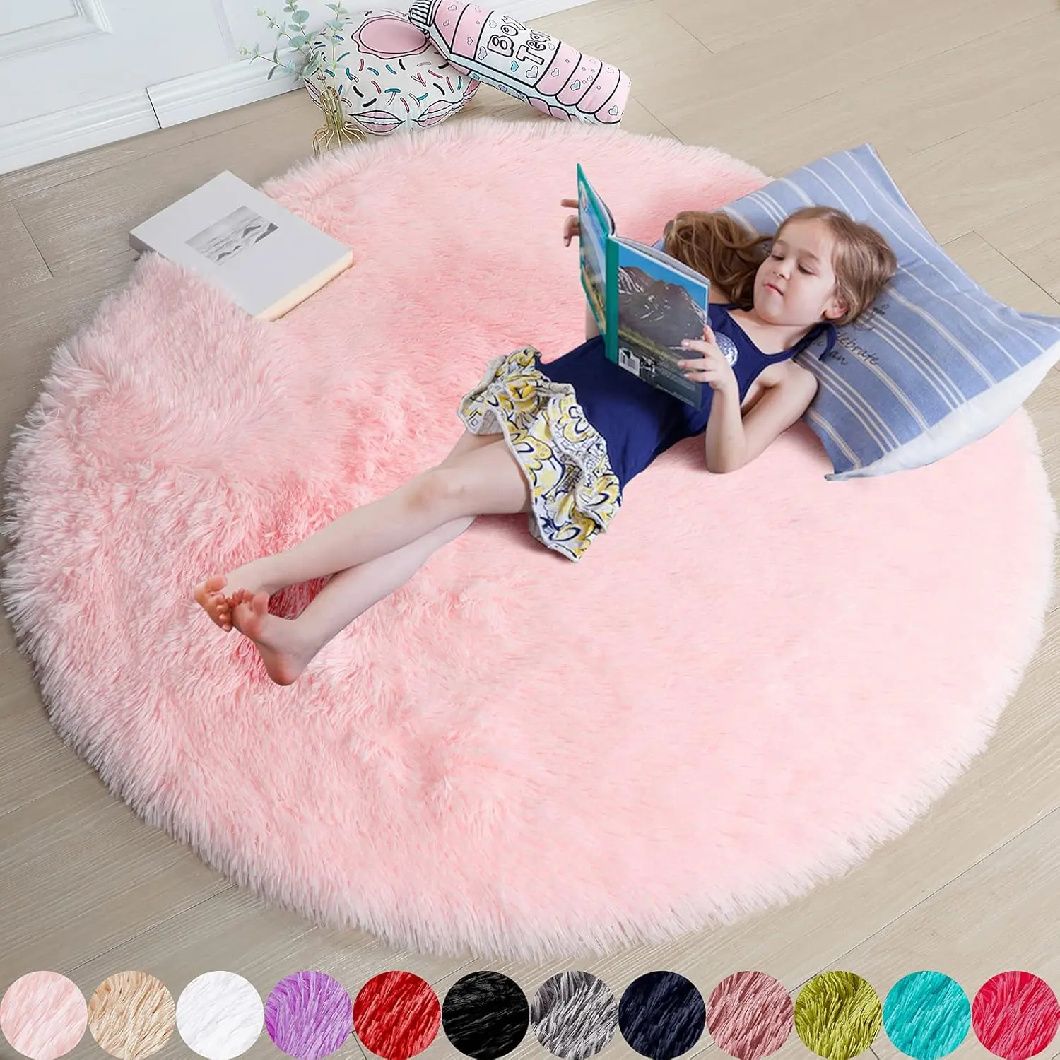 Light Pink Round Circle Rug 4Ft for Girls Bedroom, Fluffy Cute Area Rugs for Kids Room Decor Aesthetic, Kawaii Shag Fuzzy Fur Carpet for Nursery, Preppy Dorm, Classroom, Playroom, Teen, Baby