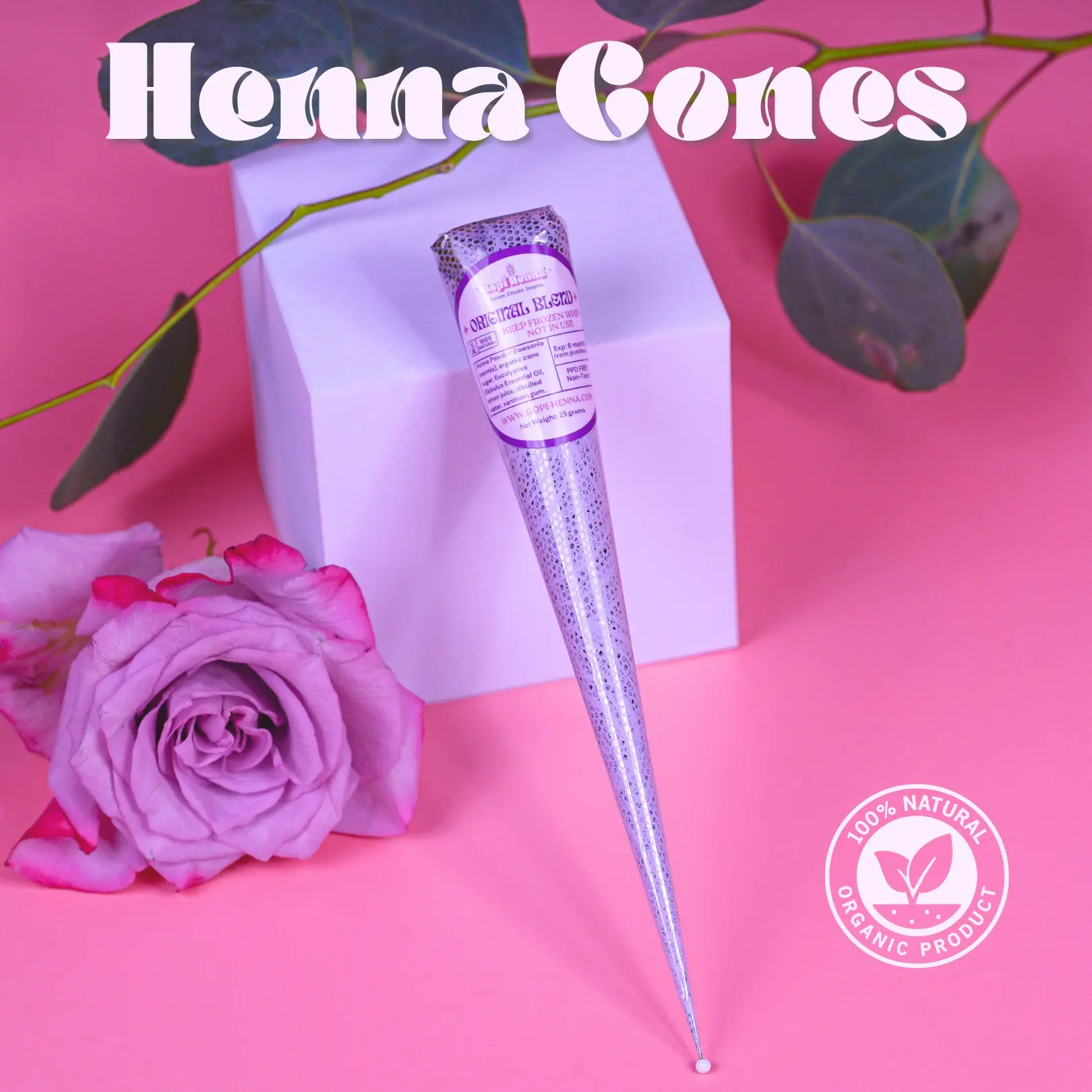 Organic Henna Cone - 25g Original Blend with Eucalyptus Oil & Henna Powder for Temporary Tattoo Vibes