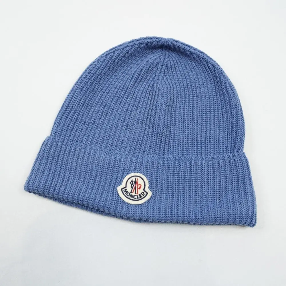 Moncler Blue Rib-Knit Beanie Hat with Logo Patch, Warm Winter Knit Cap, Unisex 1-Size Sports Collectibles Headwear