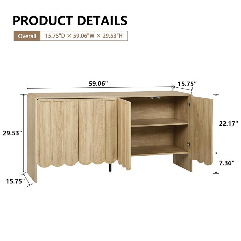 Giratree Sideboard Buffet Cabinet, Accent Storage Cabinet with 4 Doors, Farmhouse Wood Cabinet with Adjustable Shelves and Wave Panel for Living Room, Dining Room, Entry