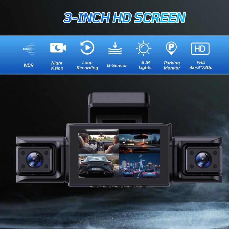 4K car camera with 5G Wi-Fi, four-channel dashcam recording (front, rear, left, right), 360° panoramic imaging, 24/7 parking monitoring, 3-inch display, 170° wide-angle lens, built-in Wi-Fi, supports 64GB memory card, night vision, HDR, loop recording.