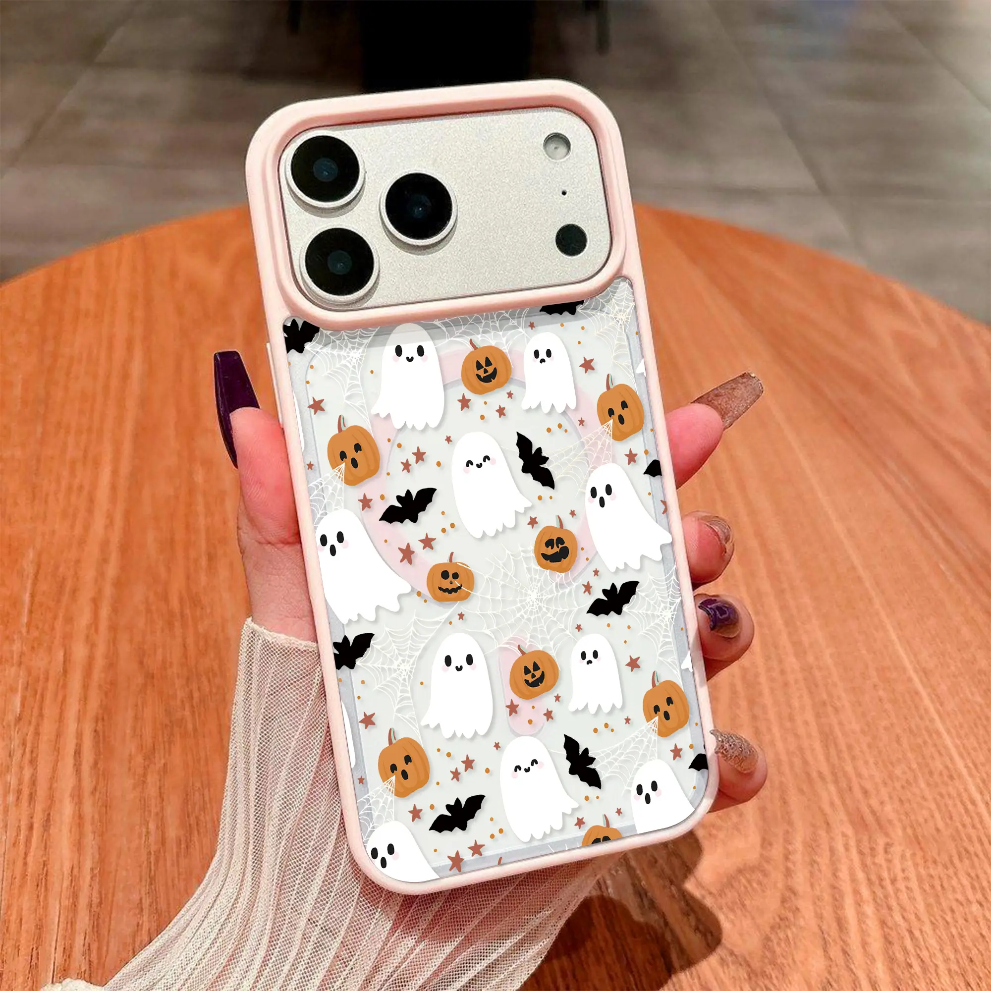 Pumpkin & Ghost Mobile Phone Casing for iPhone 11-17 Pro Max, Stylish Cellphone Accessory with MagSafe Magnetic, Shockproof, Anti-Drop, Dustproof, Wireless Charging Support, Full Cover 360° Screen Guard & Camera Protection (ZT)