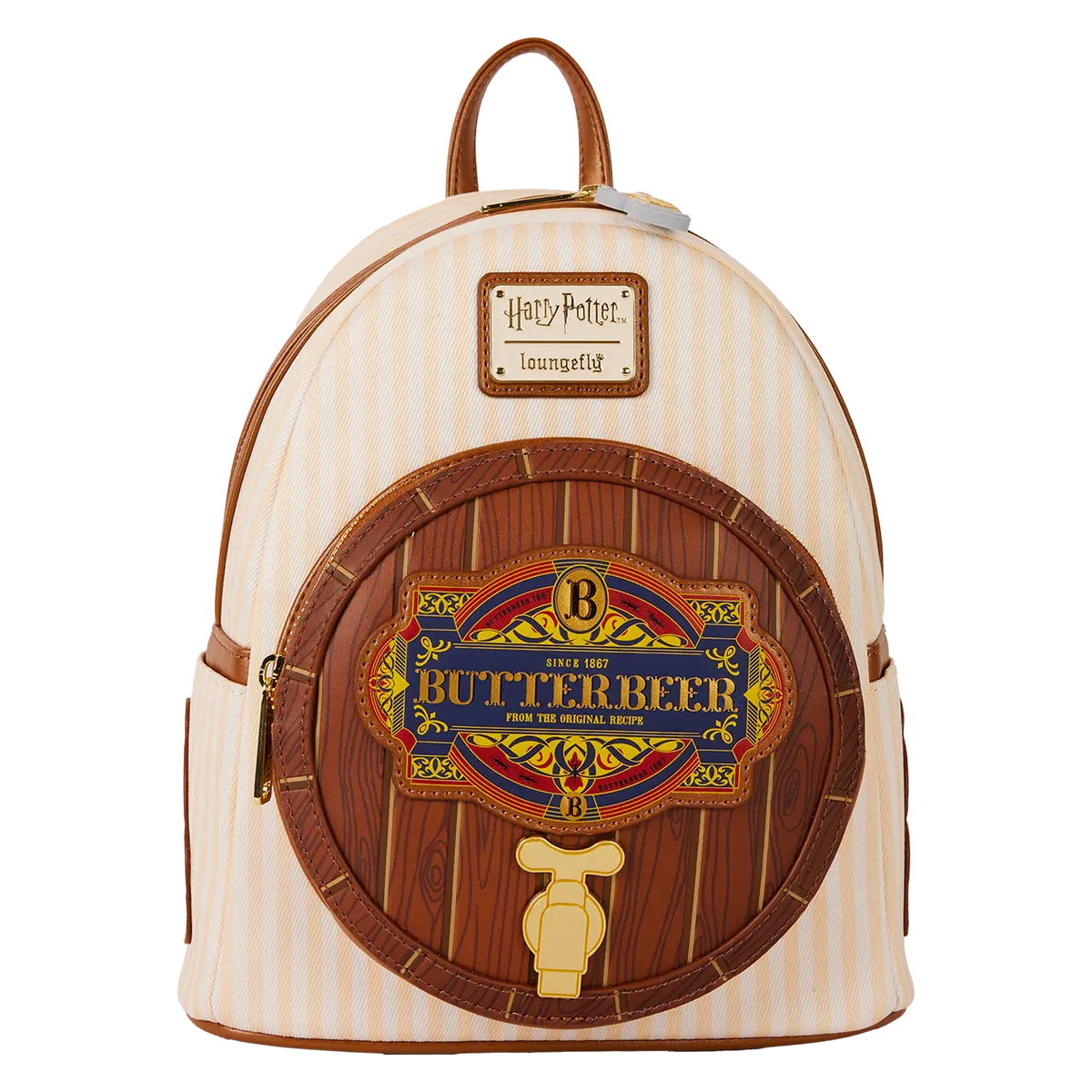 Loungefly Harry Potter Butterbeer Barrel Mini Backpack for Witches & Muggles, Striped Polyurethane Faux Leather, Butterscotch Scented, Silicone Zipper Charm, Sturdy Handle, Fantasy Backpacks, Cute Stylish Daypacks, Campus Life