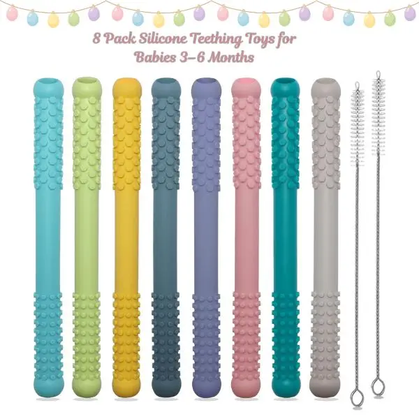 Baby Silicone Teething Relief Set, 8-Pack Teether Tubes & Sticks for 3-18 Months Infants, Sensory Chew Toys