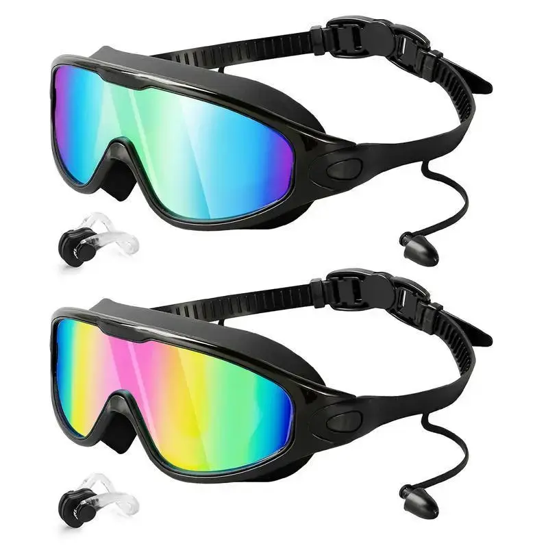 Unisex 2 Pack Adjustable Full Cover Swim Goggles for Adults, with Waterproof Earplugs & Nose Clip, Anti-Fog 180° Wide View, Bright Multicolor UV Lens, Ideal for Water Sports (1 Pack Option Available), Goggles For Swimming, Silicone, Uv Shield