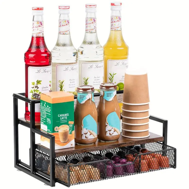 Coffee rack, coffee syrup rack, large coffee rack, 3-tier coffee capsule rack, coffee and tea beverage rack, coffee rack with pull-out drawer, suitable for coffee bars, suitable for organizing coffee-related items