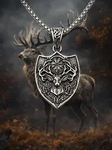 The Armored Kingdom Nordic Deer Head Stainless Steel Viking Compass Necklace with Detailed Carving and Chain