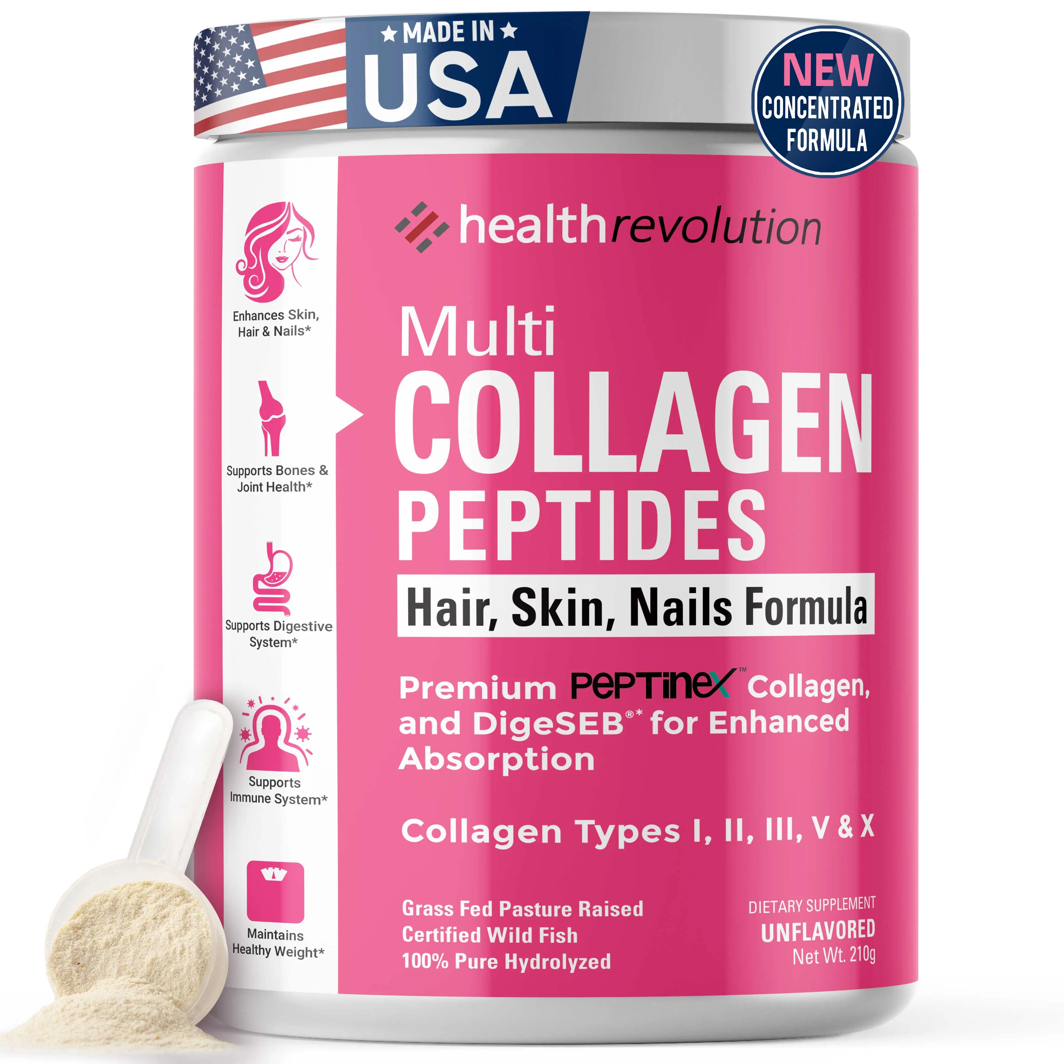 Health Revolution Multi Collagen Protein Powder 210g - Types I II III V X Collagen Peptides for Skin Hair Beauty Nails Joints - Easy Mix - 99% Absorption - Made in USA - Healthcare Fitness Supplement