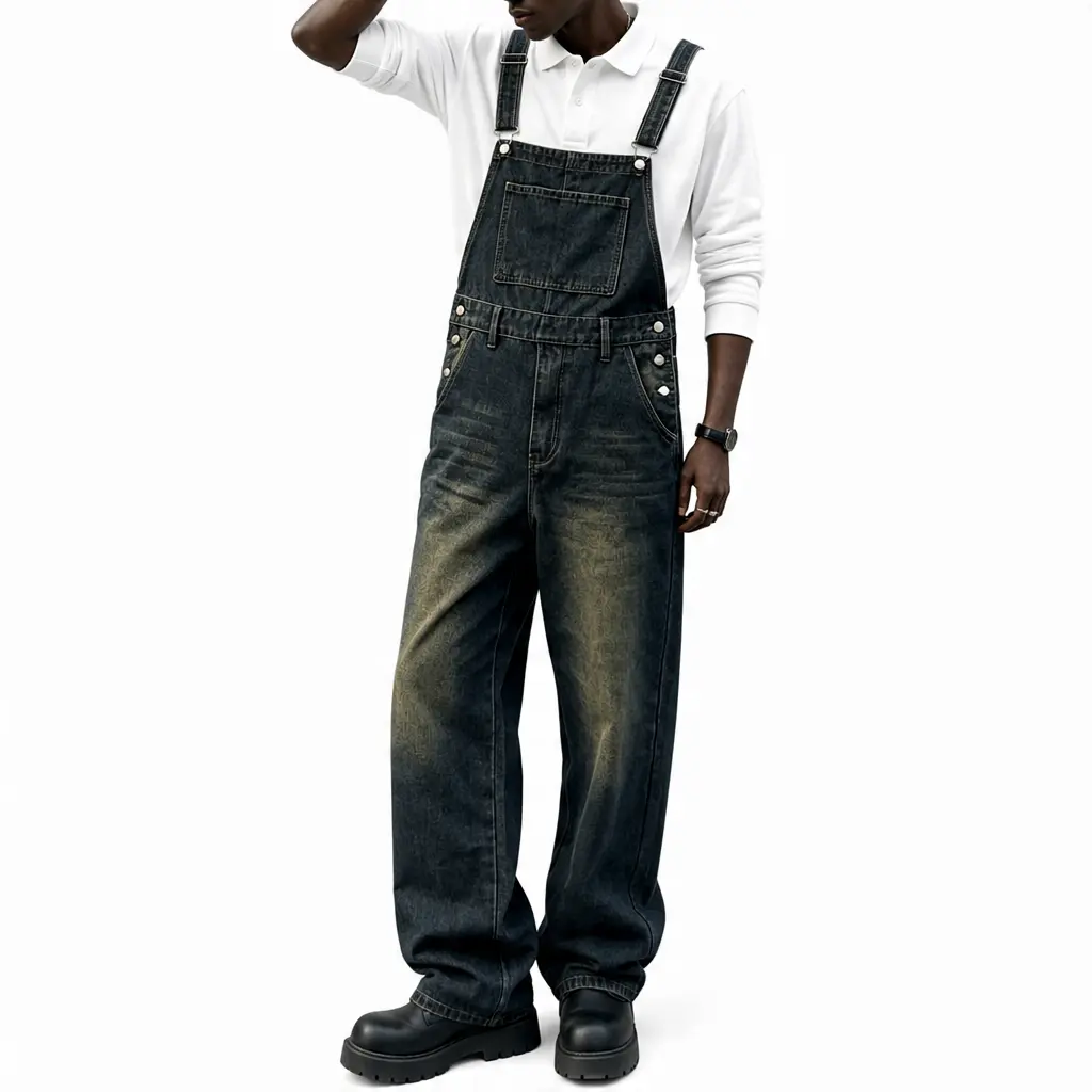 Men's Retro Washed Plain Denim Bib Overalls - Menswear Everyday Overalls, Baggy Distressed Loose-Fit Workwear Jumpsuit with Pockets, All-Seasons Below-Ankle Coveralls for Outdoor Work Streetwear Loose Fit Overall Loose Fit Coveralls