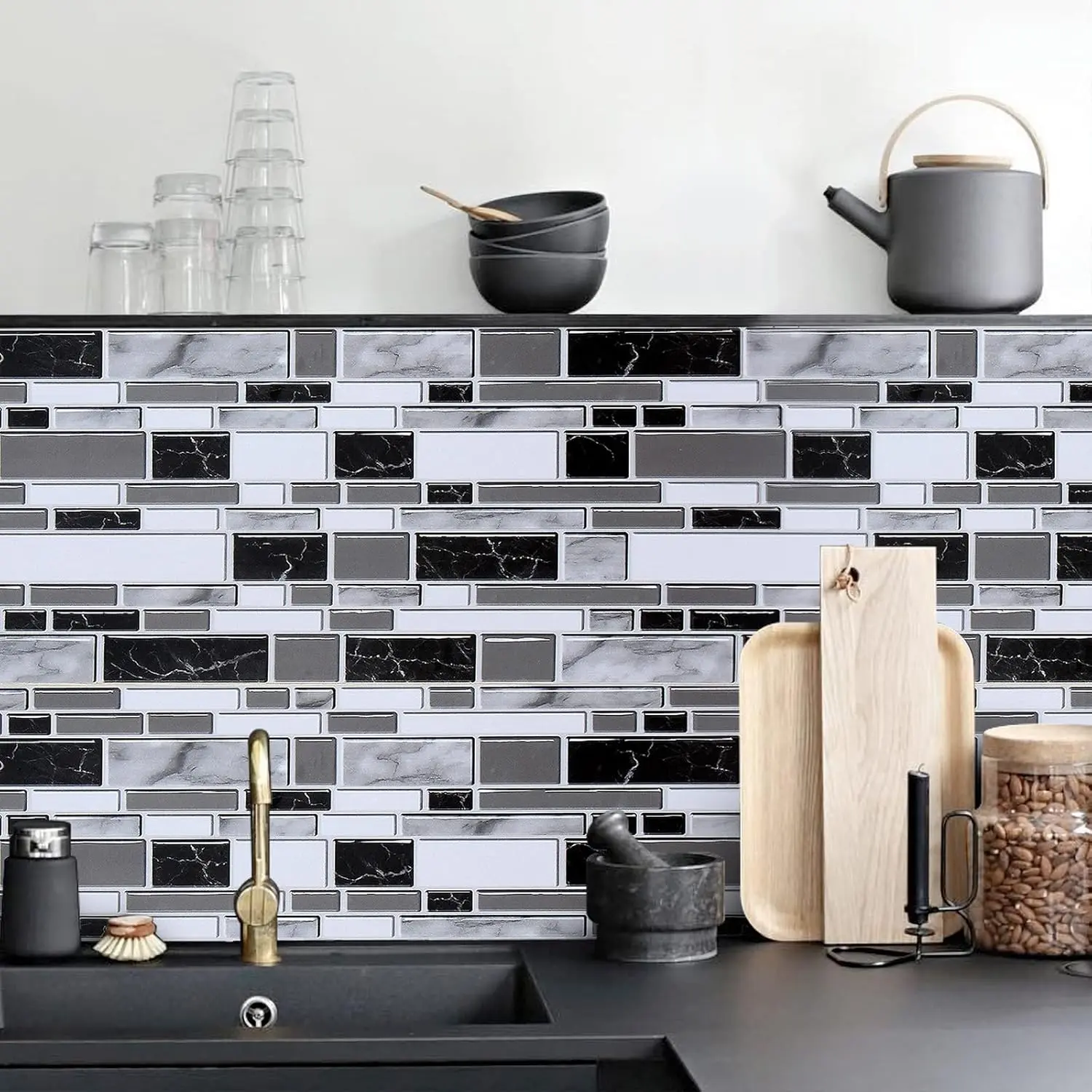 Self-Stick Faux Rectangular Wallpaper, Waterproof Peel-and-Stick Kitchen Backsplash Contact Paper for Home Kitchen Decor & Bathroom Cabinet Countertop, 11.8x78.7" Indoor Building Supplies, Faux Tiles