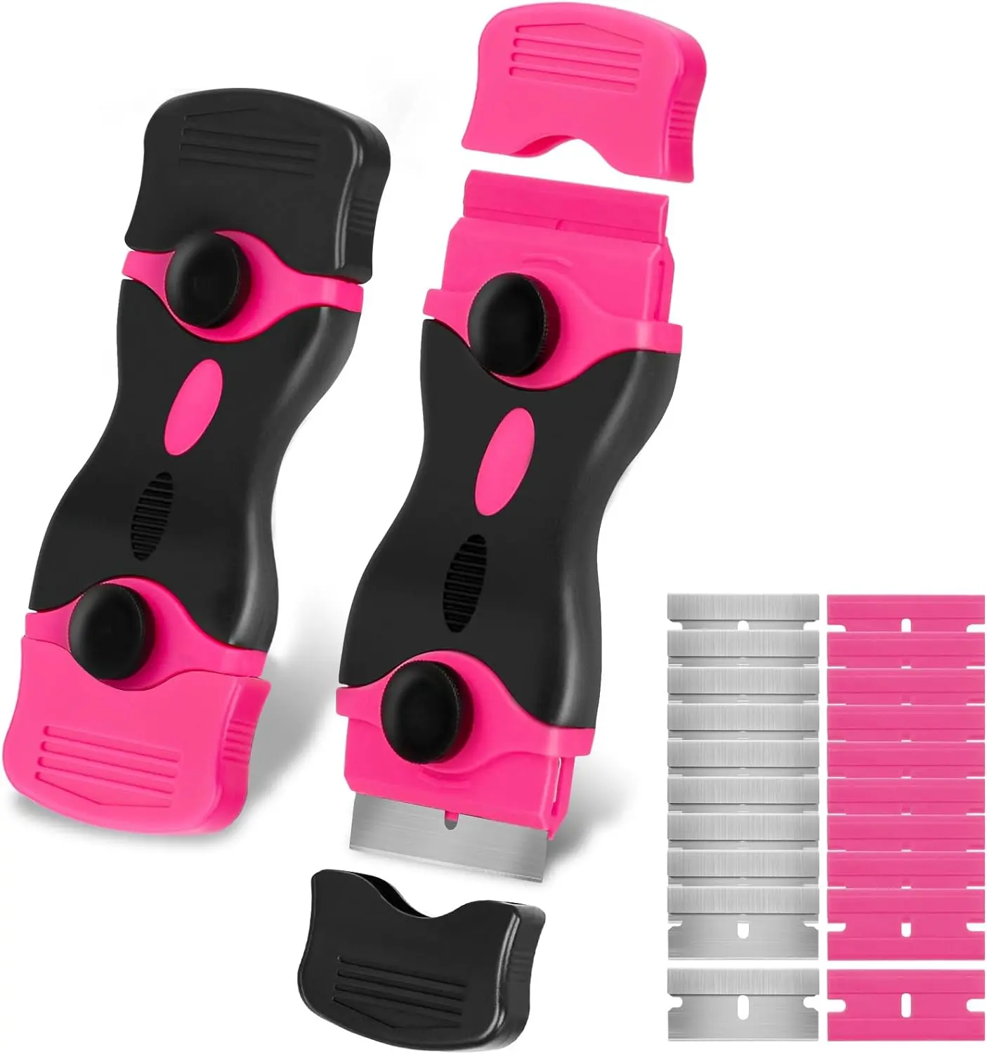 THINKWORK Pink Razor Blade Scraper Tool, Cleaning Razor Scraper for Glass, Glass Top Stove Scraper for Oven Door, Razor Scraper Gift for Women, 2-in-1 Scraper Tool Set with 20Pcs Razor Blades for Removing Window Labels (2 Pack)