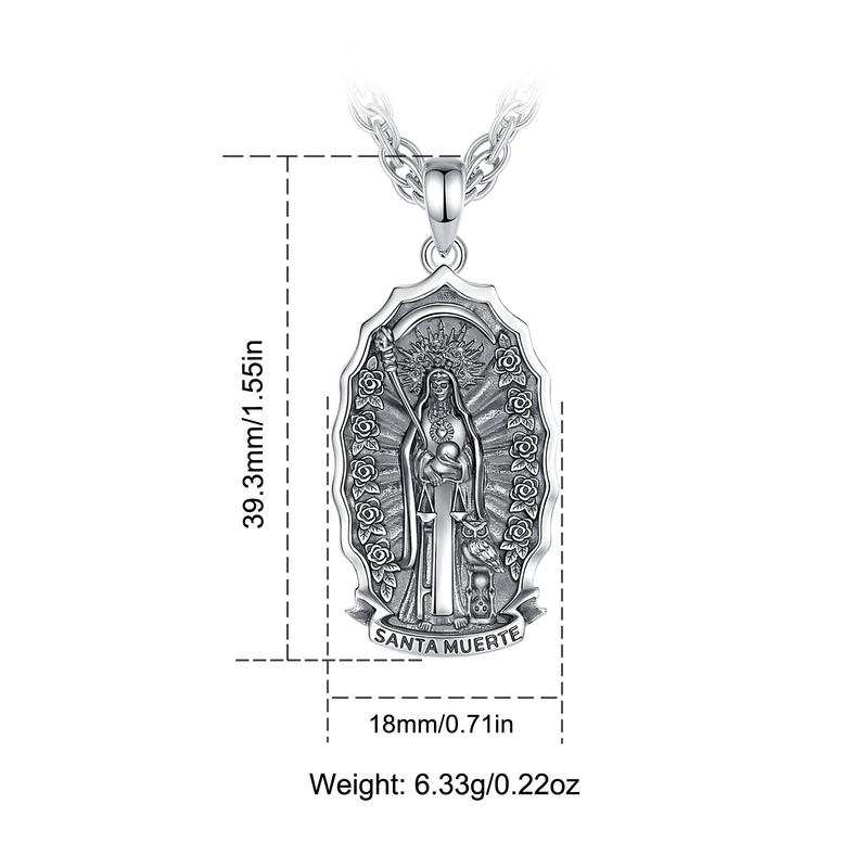 Eudora S925 Sliver Santa Muerte Necklace, Silver Grim Reaper Pendant, Mexican Saint Medallion,  Memento Mori Amulet, Protective Sigils Jewelry
