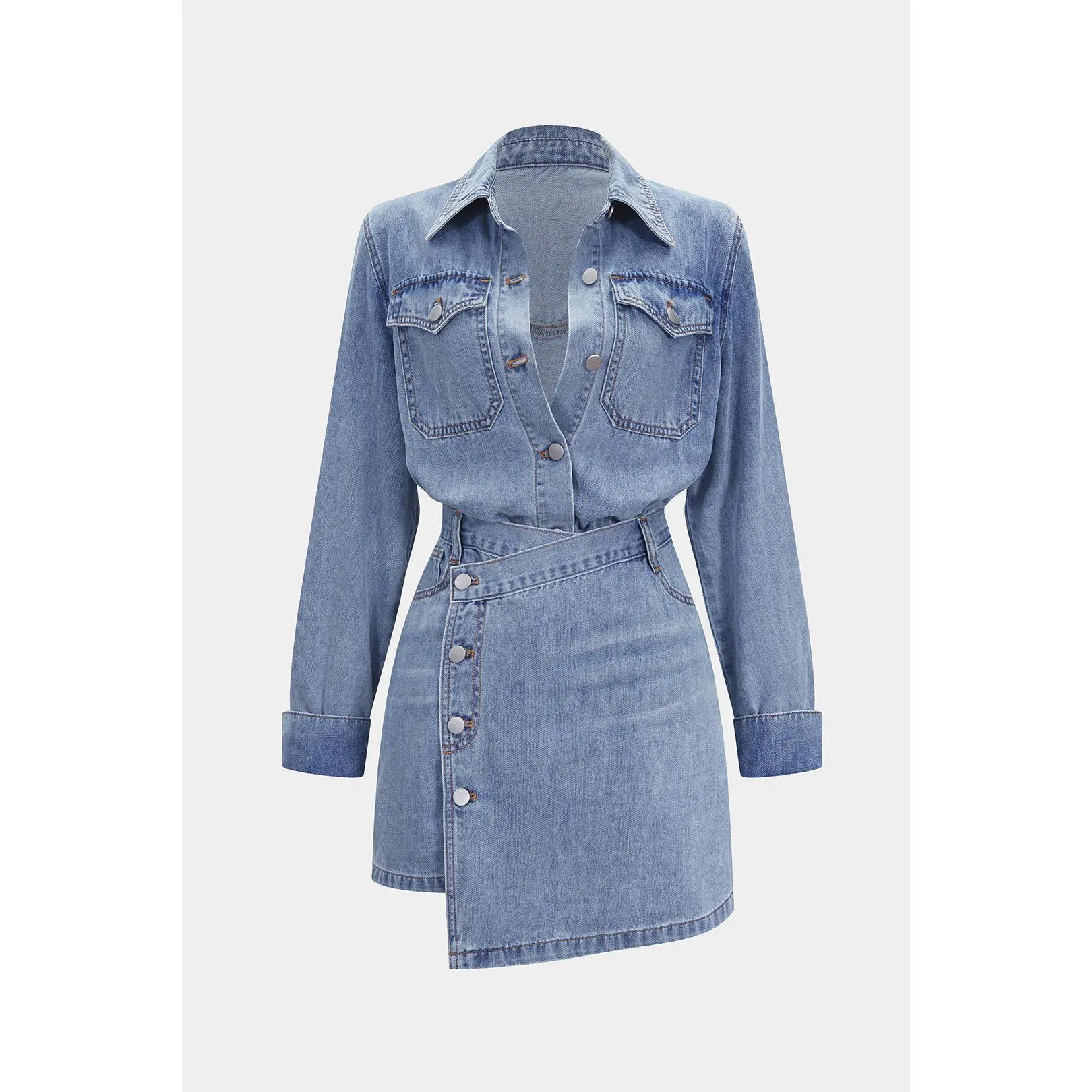 Denim Button Long-Sleeve Top And High Waist Mini Skirt Set