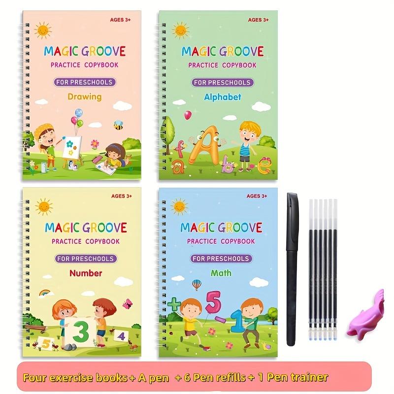 4 Pcs Reusable Grooved Handwriting Practice Books Magic Copybook with Disappearing Ink Pens Pencil Grips for Kids Age 3-8 Preschool Learning Activities