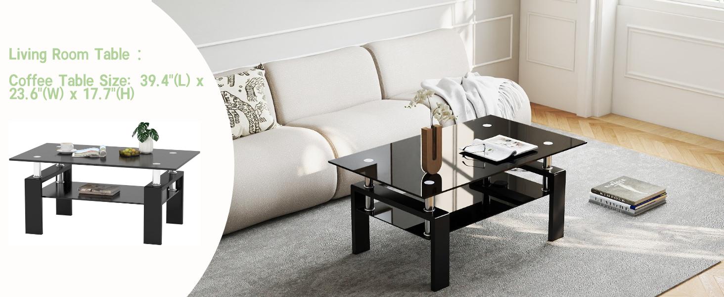 Shipping Included Modern Glass Coffee Table White Living Room Rectangle with Tempered Glass Metal Tube 2 Layers Storage for Small Space & Waiting Room