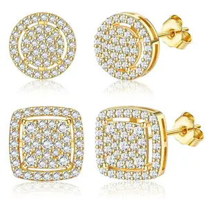 2 Pairs Cubic Zirconia Stud Earrings for Women Men | 14K Gold Plated Hypoallergenic Sterling Silver Post Earrings | Big Brilliant Simulated Diamond CZ Halo Stud Earrings for Sensitive Ears