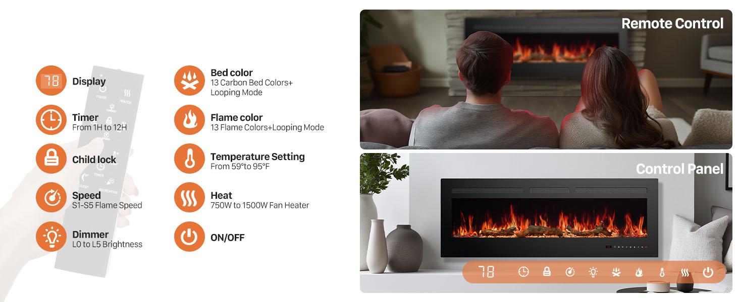 Electric Fireplace Insert, 1500W Wall Mounted & Recessed Fireplace, Freestanding Fireplace Heater with Remote & Touch Panel Control, Adjustable Flame Effect, 12H Timer for Indoor use