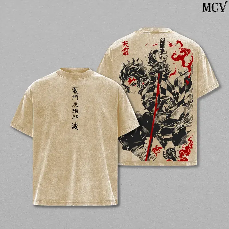 Tanjiro Kamado T-Shirt – Demon Slayer Kimetsu no Yaiba Vintage Washed Oversized Heavy Cotton Anime Manga Tee, Unisex Streetwear Retro Graphic Top Gift for Otaku Fans