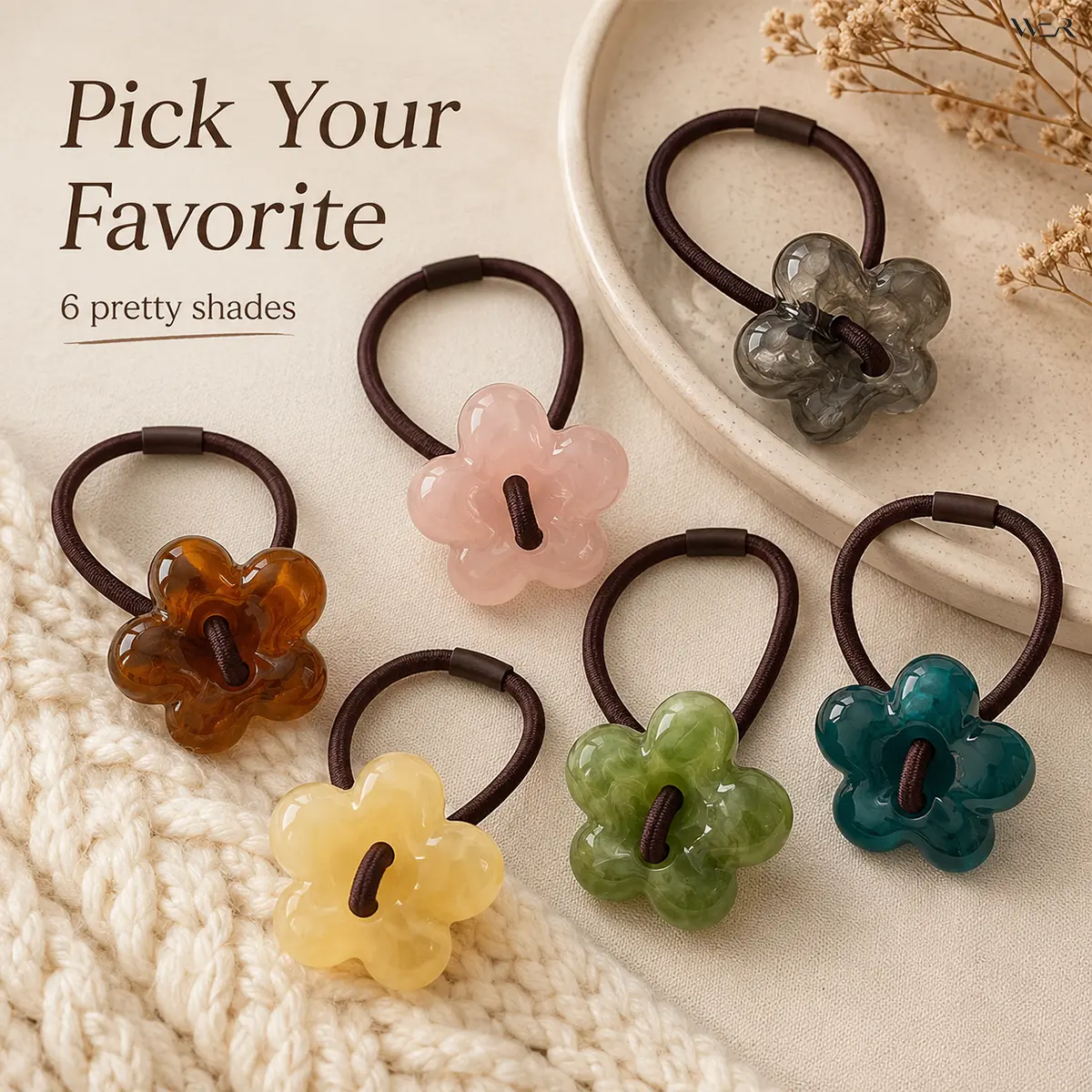 6-Piece Marble Flower Hair Tie Set with Glossy Finish for Women, Elegant & Lightweight Flower Detail Hairbands for Daily or Special Occasions, Flower Detail Hairbands & Scrunchies, Daily/Special