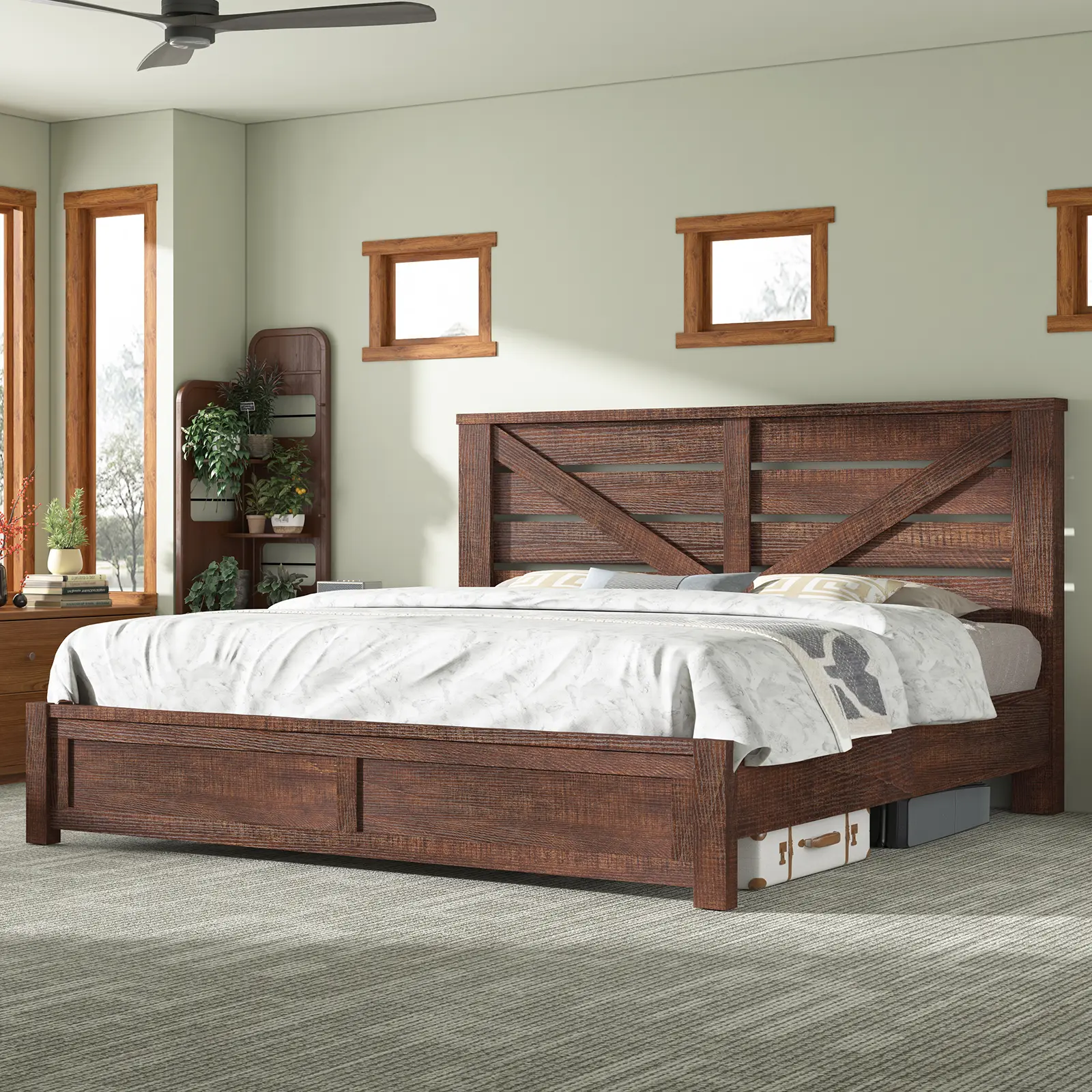AMERLIFE Farmhouse Bed Frame with 49.2" Barn Door Headboard, Platform Bed Frame with Wood Slats, Under Bed Storage Space, Noisy Free, Easy Assembly/Best Gift Ideas/Christmas Gifts[tiktokshopbacktoschool][SohoChic]