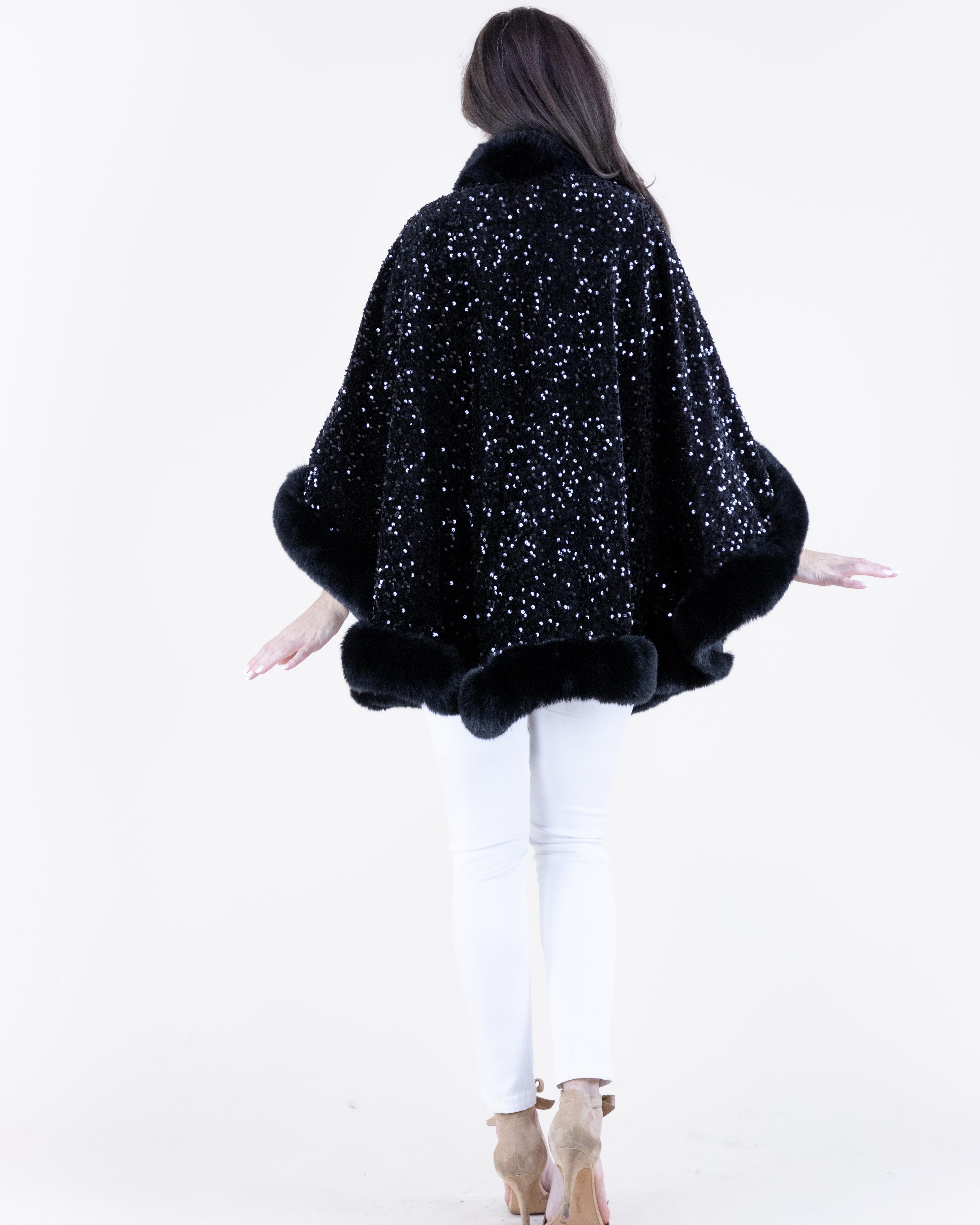 Women's Luxurious Sequin Faux Fur Trimmed Evening Cape Poncho - Elegant Outerwear for Special Occasions Women's Luxurious Sequin Faux Fur Trimmed Evening Cape Poncho - Elegant Outerwear for Special Occasions