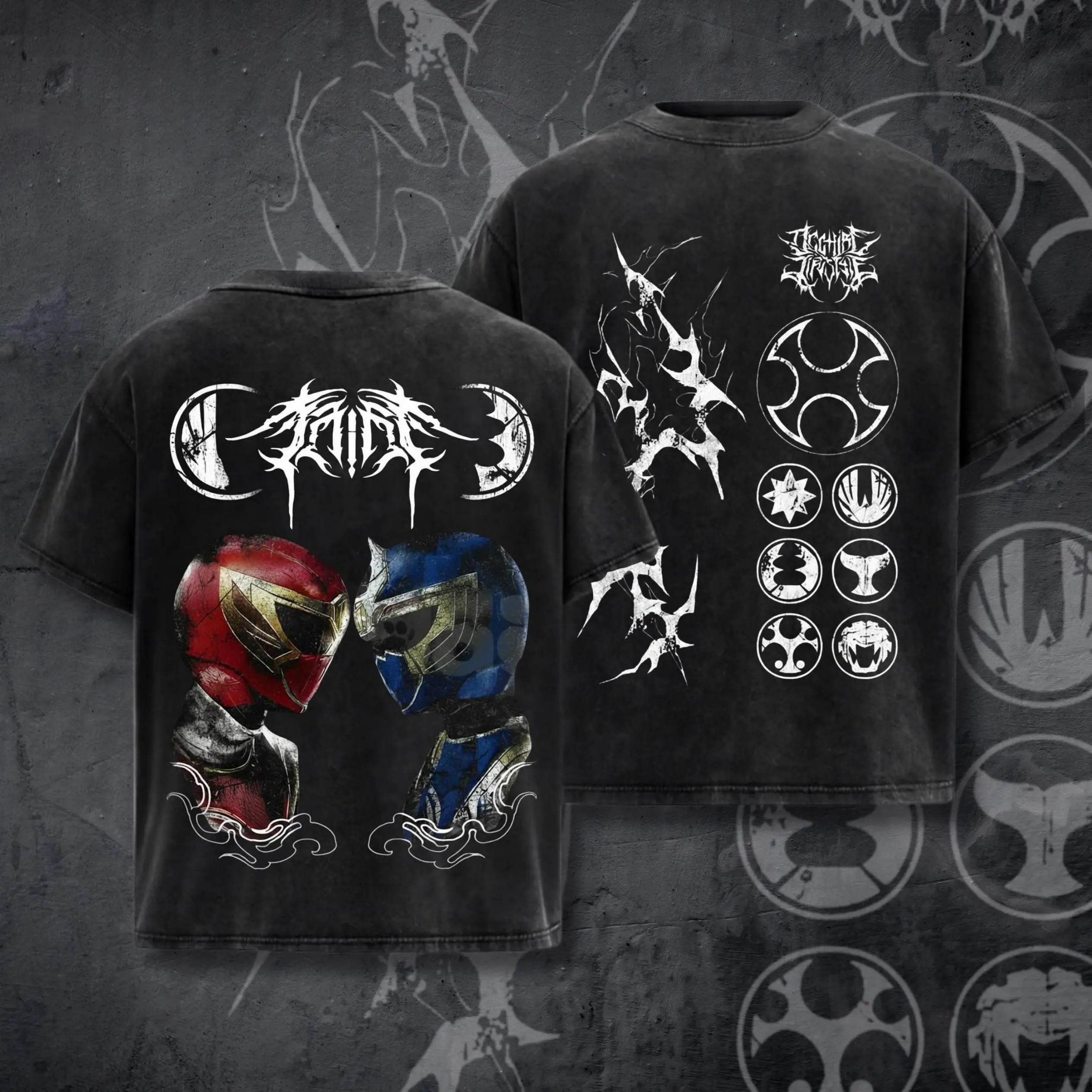 Menswear Vintage Oversize Anime Manga Washed Cotton T-Shirt - Ninja Storm Red, Navy Ranger, Navy Thunder Power Ranger Top - Soft Washed Cotton Fabric for Eco-Conscious Planet-Focused Men
