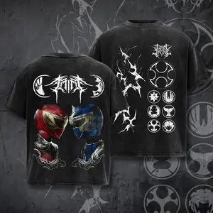 Vintage Oversize Anime Manga Washed Cotton Tee, Ninja Storm Red v Navy Ranger Washed Tee, Power Ranger Ninja Storm Navy Thunder ranger Tee