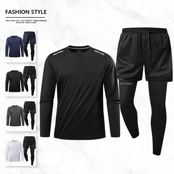 Men's Sports Two-Piece Set with Long-Sleeve Top & Breathable Mesh Shorts Quick-Dry Fabric Reflective Strips Drawstring Waistband for Enhanced Visibility fathersdaygift