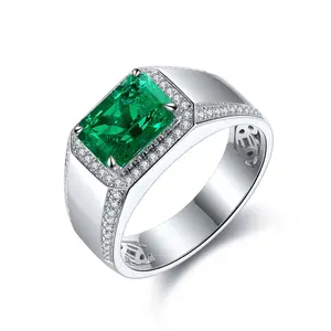 Men’s Emerald Signet Ring – Sterling Silver Baguette Gemstone Statement Ring – Bold Fashion Jewelry Gift for Him