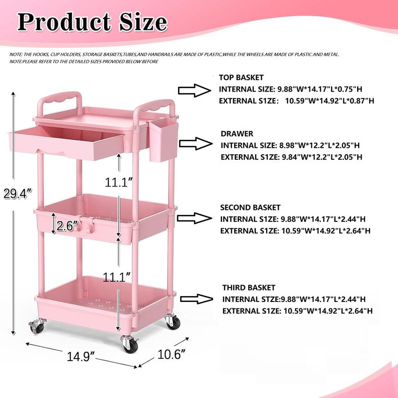 VANCASTLE 3/4 Tier Rolling Utility Cart Organizer with Removable Drawer - Sturdy Rolling Storage Cart with 2 Lockable Wheels for Bathroom, Kitchen, Snack, Craft, Makeup, and Baby Essentials White Racks bathroom organizer garage accessories