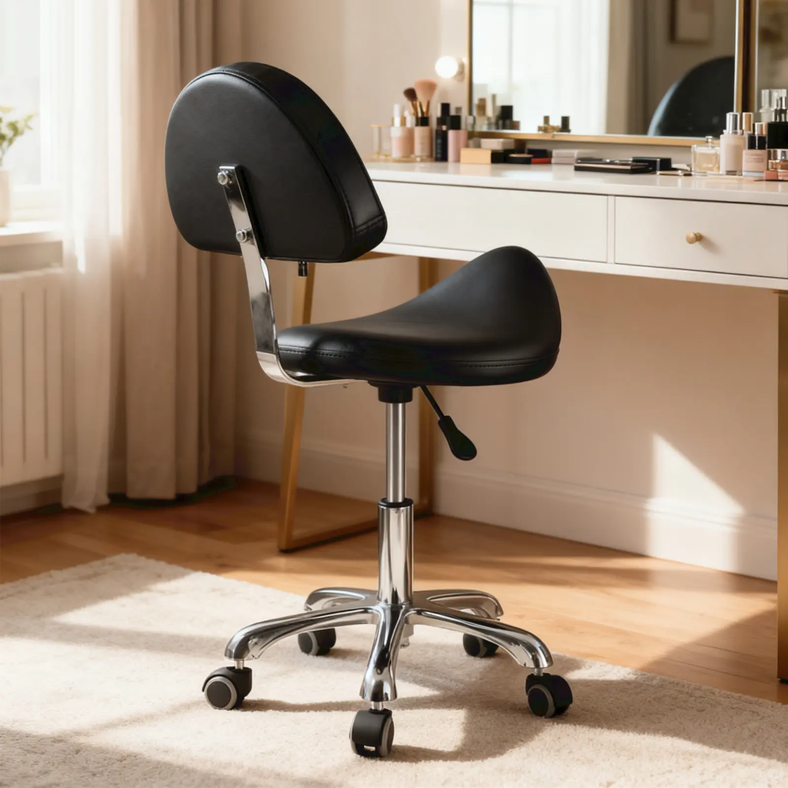 Ergonomic Saddle Stool with Back Support, Wheels, Swivel Feature, 450 LBS Capacity, Thick PU Leather, Height Adjustable, Sturdy 21.3 in/54 cm Width Tattoo Chair for Salon, Spa