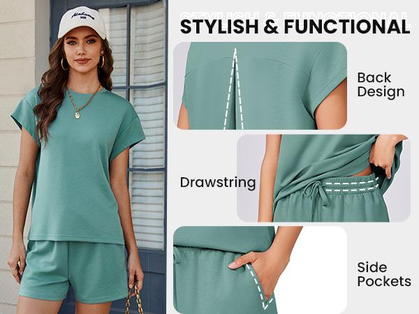 PINSPARK 2 Piece Sets for Women Summer Crewneck Matching Shorts Lounge Set with Pockets Casual Travel Outfits 2025 Trendy