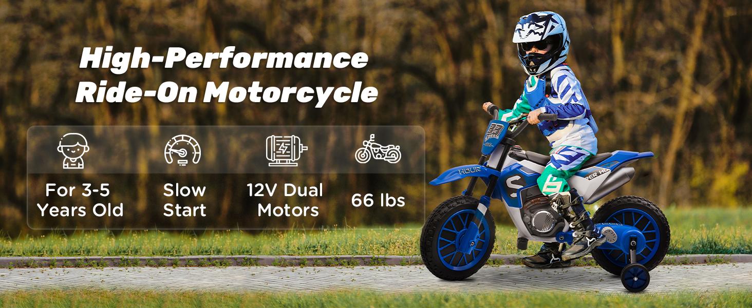 Aosom 12V Kids Motorcycle, Electric Motor Bike, Battery-Powered Ride-On Toy with Charging Battery, Training Wheels