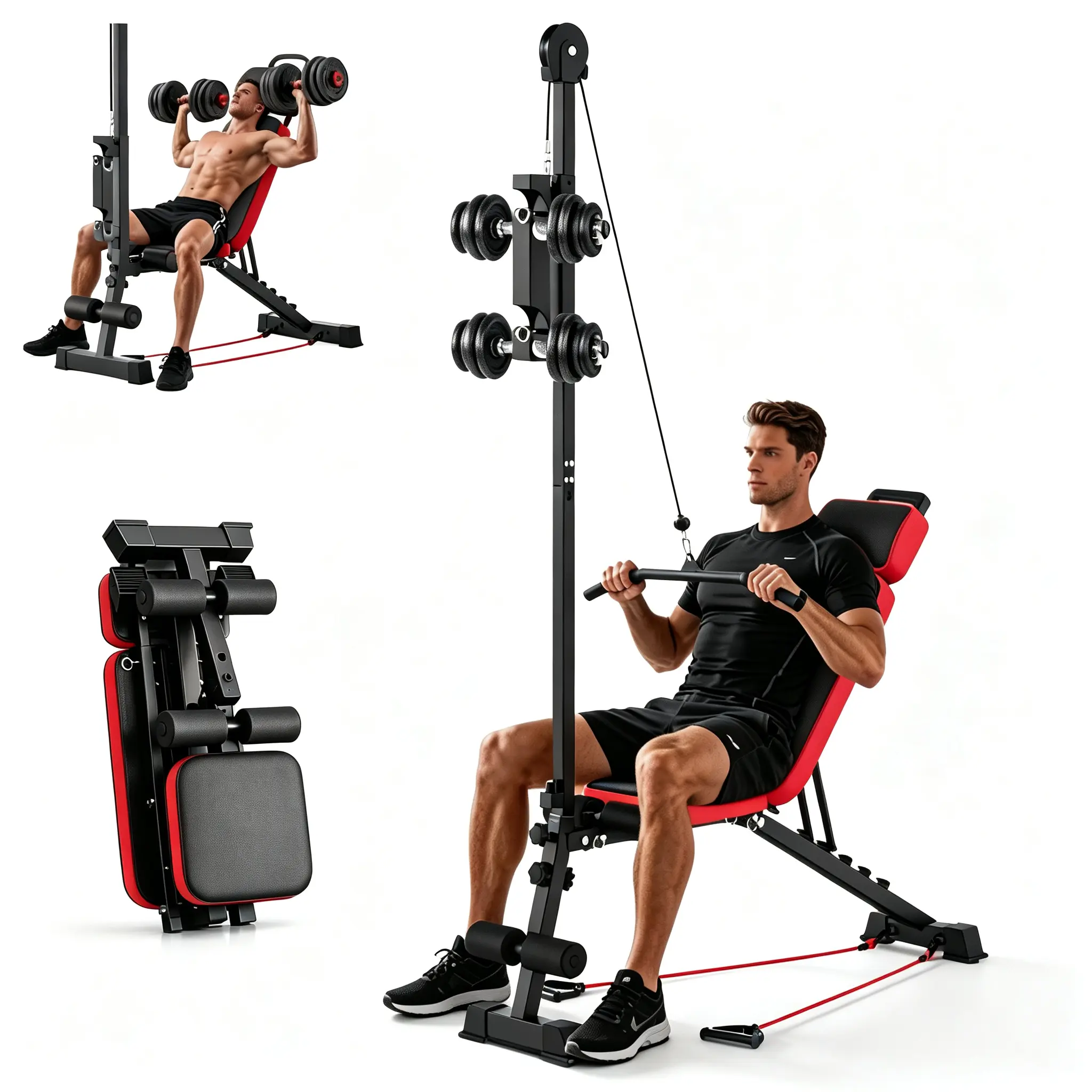 SAYGOGO Multi-Functional Weight Bench with Pulley System and Adjustable Backrest, Compact for Home Gym, Apartment & Garage  ：