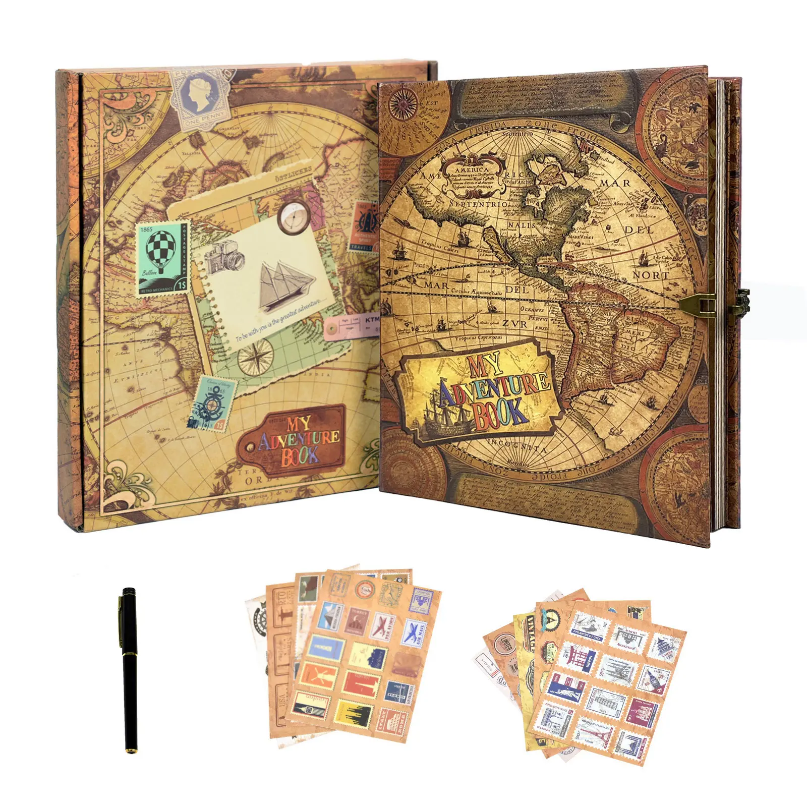 Our Adventure Book Vintage Art Scrapbook Album - Handmade DIY Family Photo Album with Vintage Paper, Alphabet Stickers, 62 Sheets/124 Pages (9.57x8.39in), Storage Box, Crafts Kit, Ideal for Best Friends, Home Decor