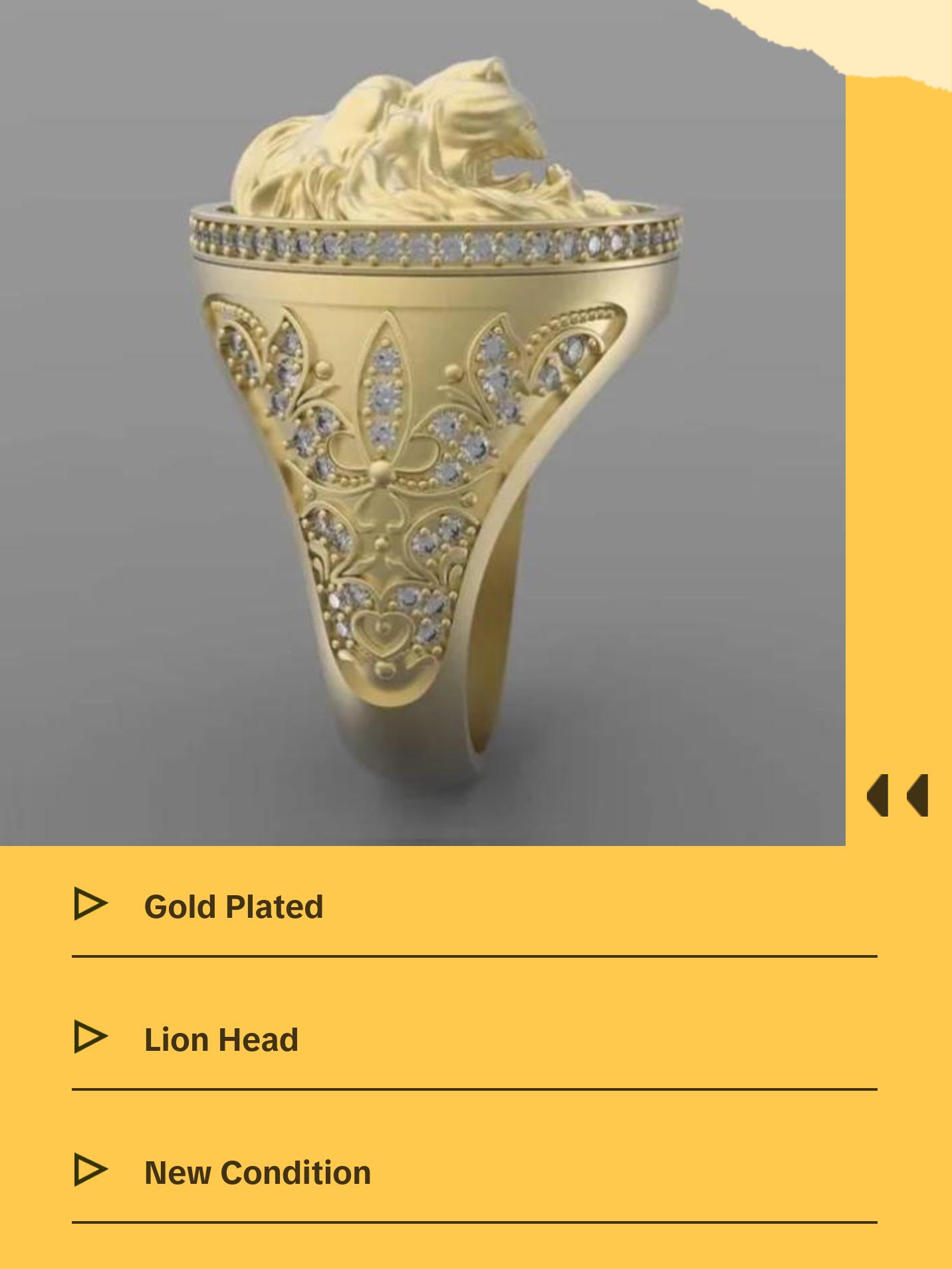 925 Sterling Silver Anillo Lion Head Gold Plated Men's Ring