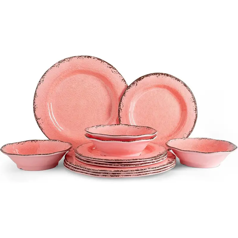 Melamine Dinnerware Sets, Farmhouse Dinnerware Set, Camping Dishes Set, BPA free and Lightweight, Durable Outdoor Plates and Bowls Set, Service for 4 (12 piece), (Pink)