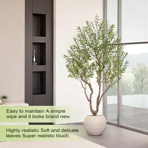 8FT Tall Faux Olive Tree with 16in Round White Planter, Artificial Plants with Natural Wood Trunk and Lifelike Fruits for Home Office Decor