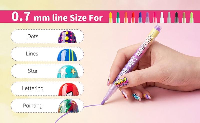 Quick-Dry & Gentle Nail Art Pens - 12 Color Set with 0.7mm Fine Tip, No Shake Formula for Smooth Lines & 3D Art, Smudge-Proof & Easy to Use for Beginners