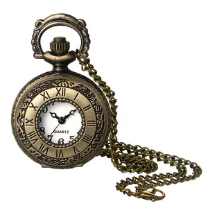 Women's Vintage Pocket Watch - Small Roman Numeral Embossed Pendant Necklace Quartz Analog Fob Watches with 30.7 Inch Chain