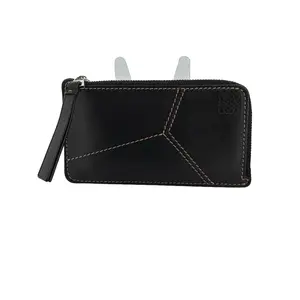 Pre-owned Loewe Calfskin Leather Card Wallet Black Puzzle Stitch Zip Card Holder in with Six Card Slots and Central Zip