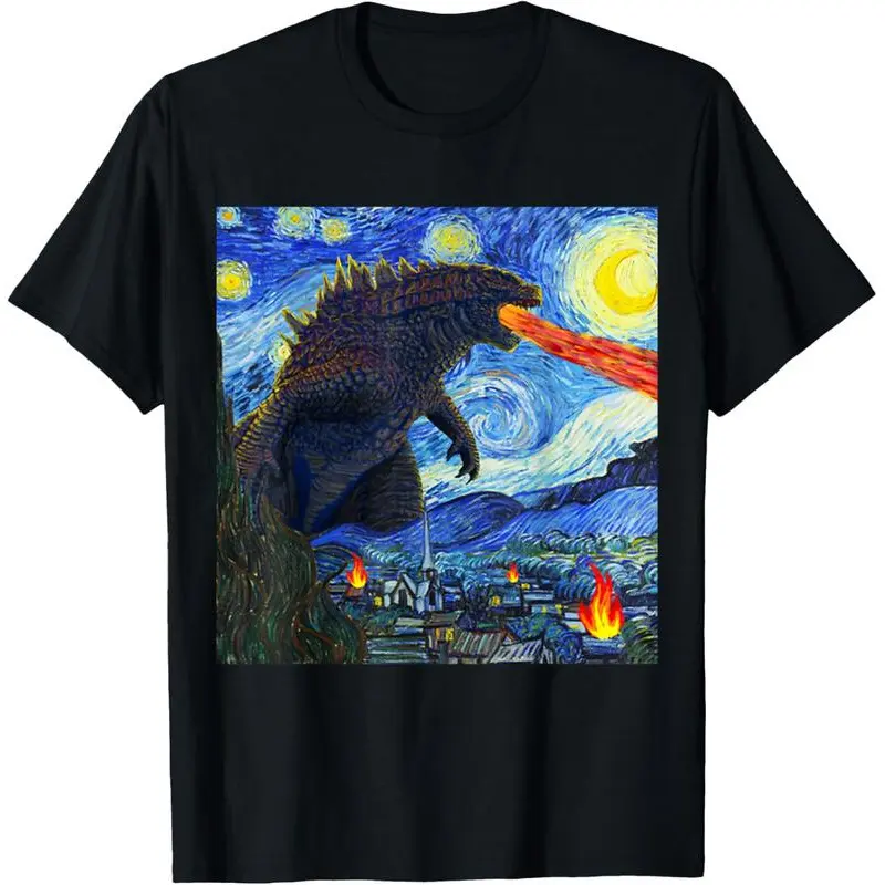 100% cotton Vintage Japanese Monster Kaiju In Van Gogh Starry Night T-Shirt,Unisex Crewneck T-shirt for Men And Women-1