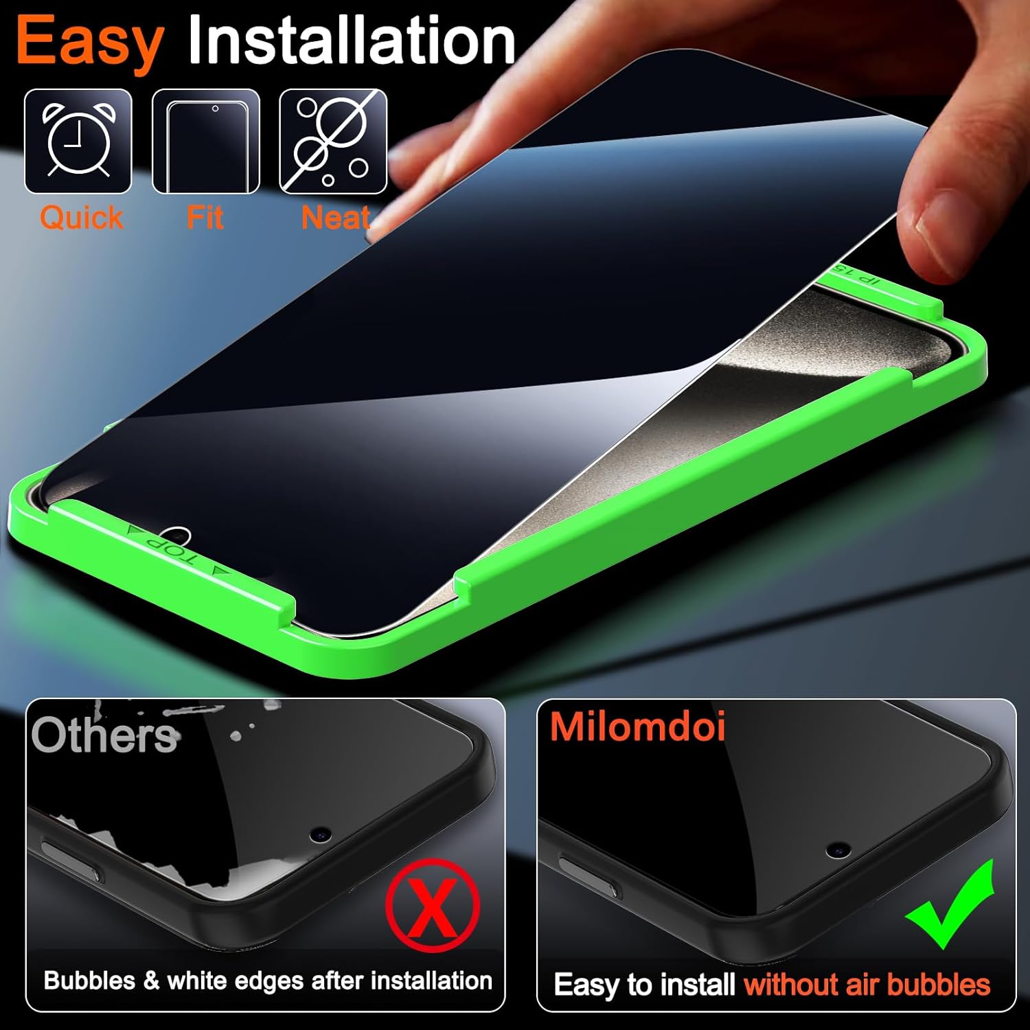 3-Pack Privacy Screen Protector for iPhone 15 Pro Max with 3-Pack Tempered Glass Camera Lens Covers – 9H Hardness, Case-Friendly, Mounting Frame, 2.5D Curved Edge, Black