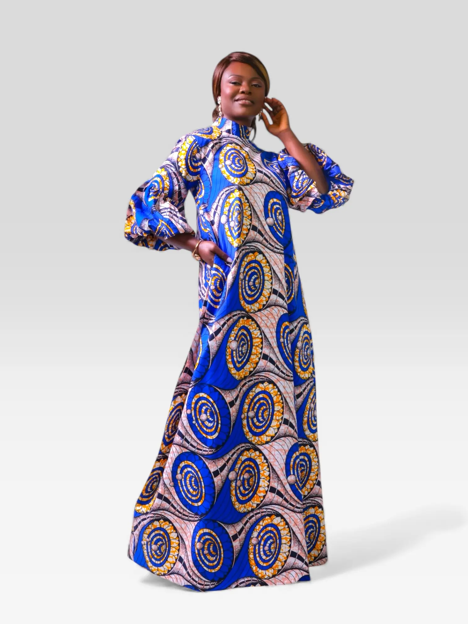 Majestic Circles Ankara Maxi Gown African Print Dress Blue & Orange Maxi  Ruffle Sleeve High-Neck Gown for Elegant Occasions - TikTok Shop